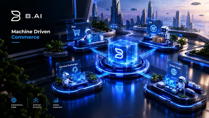 A futuristic blue-toned promotional image for 'B.AI - Machine Driven Commerce' depicting a sci-fi cityscape with floating robots, holographic displays, and floating platforms showing 'Buy', 'Sell', 'Service Exchange', and 'Global Trade' features.