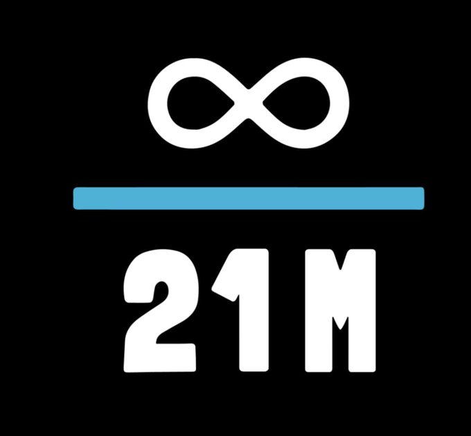A black and white logo featuring an infinity symbol above a blue horizontal line over the text "21M".