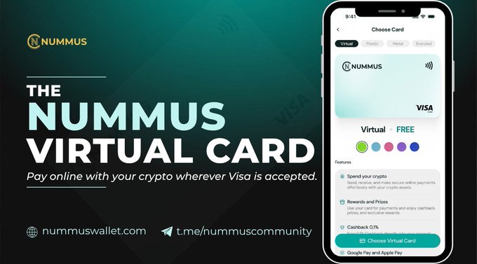 An advertisement for 'THE NUMMUS VIRTUAL CARD' allowing users to 'Pay online with your crypto wherever Visa is accepted.' The image shows a smartphone displaying the free virtual card signup screen with 'nummuswallet.com' and a Telegram link listed below.