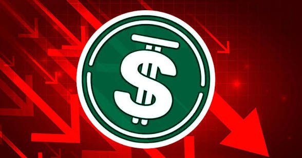 A green circular logo featuring a dollar sign ($) with red downward arrows in the background, suggesting a market decline.