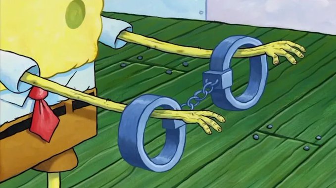A cartoon scene showing the character SpongeBob SquarePants wearing a red tie, with his arms in handcuffs and his hands detached and floating nearby.