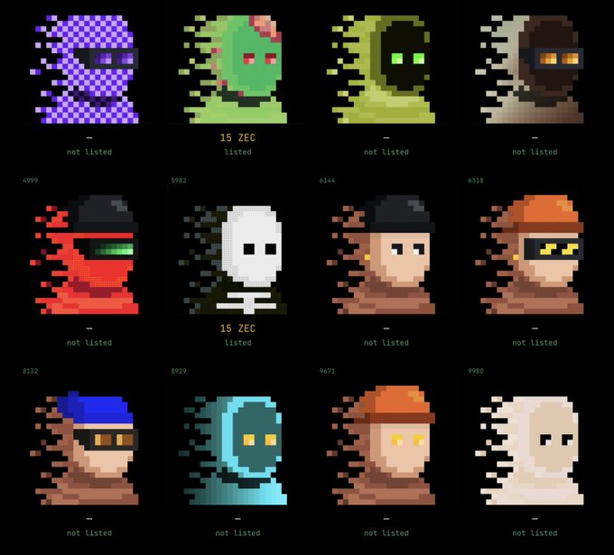 A grid of twelve pixel art character portraits in various colors and designs, with some labeled '15 ZEC listed' and others 'not listed', featuring IDs like 4999, 5982, and 9980.