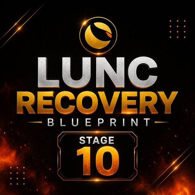 A promotional graphic with a dark background featuring the text 'LUNC RECOVERY BLUEPRINT - STAGE 10' with gold and silver metallic styling.