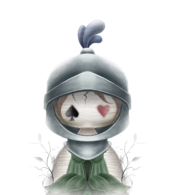A cute chibi-style knight character wearing a silver helmet adorned with a blue plume, featuring a bandaged face with playing card suits (a black spade and red heart) for eyes, set against a white background with delicate leaf flourishes—representing the unique, high-quality NFT artwork referenced in the post as a distinctive piece within the RH chain collection.