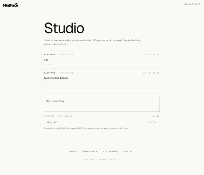 A screenshot of a website titled 'Studio' by MintFace, showing a TAO chat session with messages 'gm' and 'TAO chat has begun,' and a text input field below.