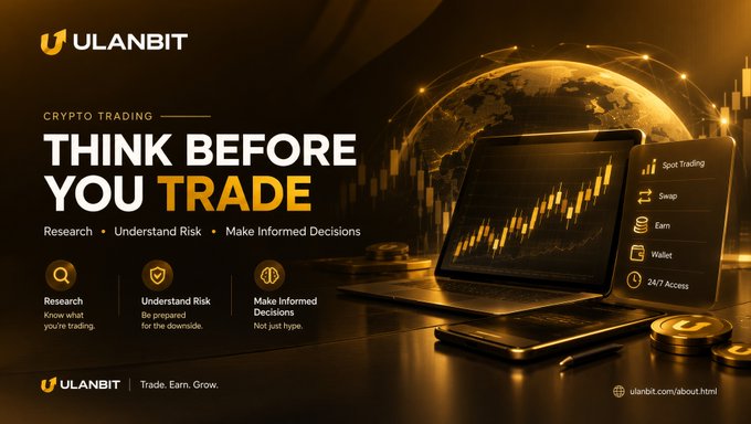 A promotional banner for 'ULANBIT' crypto trading with the tagline 'THINK BEFORE YOU TRADE,' featuring a laptop and smartphone displaying trading charts against a golden globe background, highlighting features like Spot Trading, Swap, Earn, Wallet, and 24/7 Access.