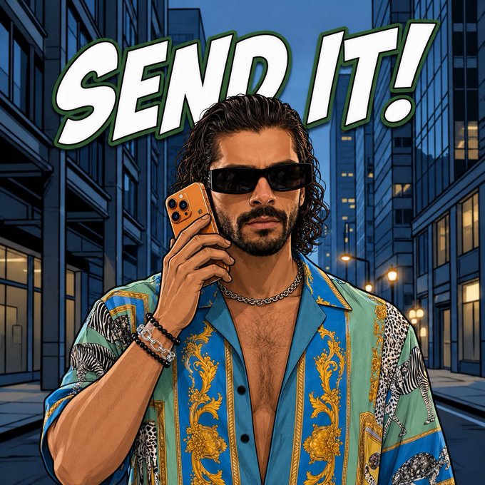 Comic-style illustration of a man with long dark hair and sunglasses holding an iPhone to his ear, wearing an ornate blue and gold patterned shirt with 'SEND IT!' text above.