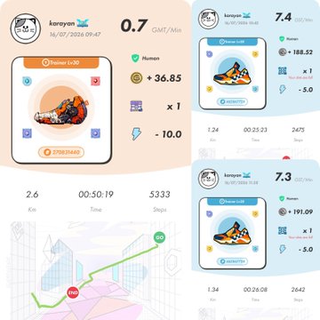 Screenshots from the Karepan running app showing two runs: a 0.7 km run scoring 188.32 points and a 7.4 km run scoring 191.09 points, with a map route at the bottom.