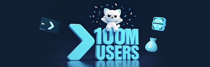 A 3D illustration celebrating '100M USERS' featuring a white cat-like mascot holding a sign, surrounded by a money bag, treasure chest, and trading icons.