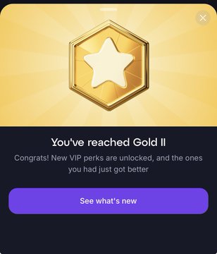A mobile app achievement screen with a gold star badge displaying the message 'You've reached Gold II,' with text noting new VIP perks and a 'See what's new' button.