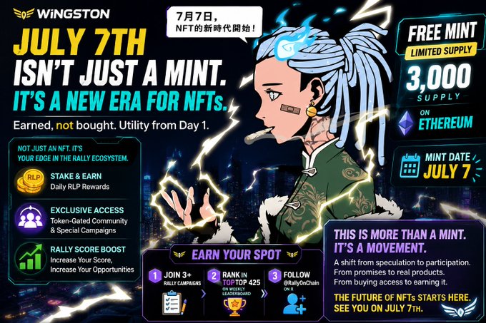A promotional graphic for Wingston's NFT mint event on July 7th, featuring an anime-style character and emphasizing a free mint with a limited supply of 3,000 on Ethereum, positioning the project as an "earned, not bought" utility-driven alternative to traditional NFT drops. The bold text "JULY 7TH ISN'T JUST A MINT. IT'S A NEW ERA FOR NFTs" and messaging about earning spots through community engagement, rally campaigns, and RLP rewards directly addresses the post's critique of speculative NFTs, offering a model where utility and rewards come before monetary commitment.