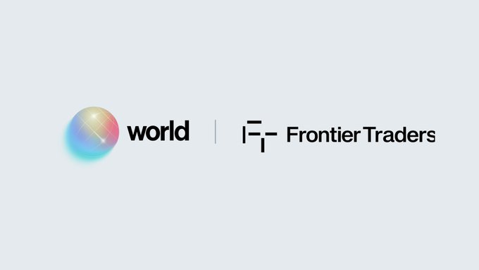 A promotional graphic featuring the World logo alongside "Frontier Traders" branding, separated by a vertical line, displayed on a light gray background to announce their partnership as an official prediction market.