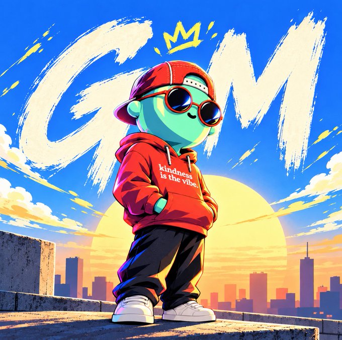 An illustration features a green cartoon character in sunglasses and a red 'kindness is the vibe' hoodie standing in front of a graffiti-style 'GEM' logo.