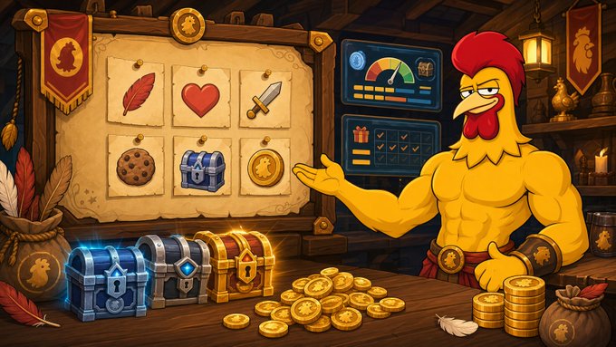 Cartoon illustration of a muscular anthropomorphic rooster in a treasure-filled tavern, gesturing toward a board displaying game items (feather, heart, sword, cookie, chest, coin) with three treasure chests and piles of gold coins on the counter.