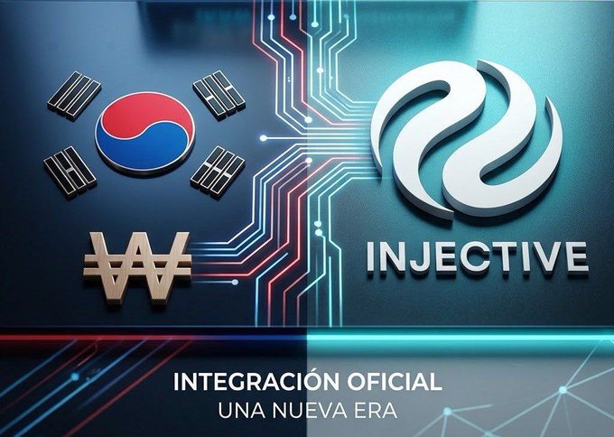 A tech-themed graphic shows the South Korean flag, circuit-board lines, a stylized white “S” emblem above the word “INJECTIVE,” and a lower caption reading “INTEGRACIÓN OFICIAL / UNA NUEVA ERA.”