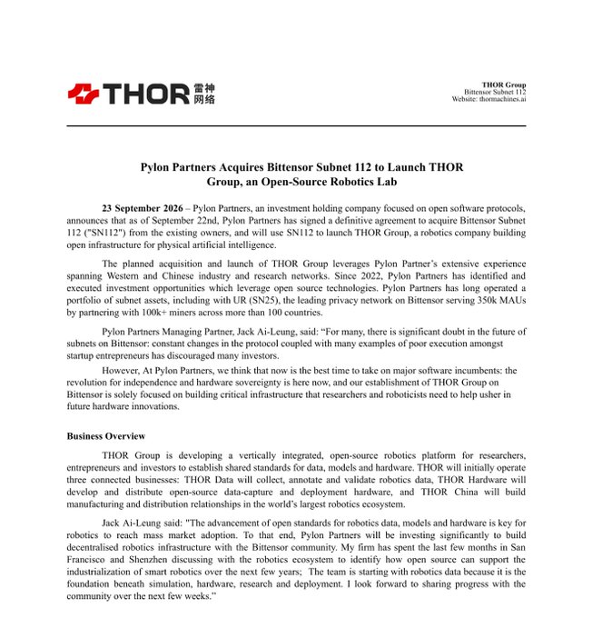 A press release from THOR Group dated 23 September 2026 announcing Pylon Partners' acquisition of Bittensor Subnet 112 (SN112).