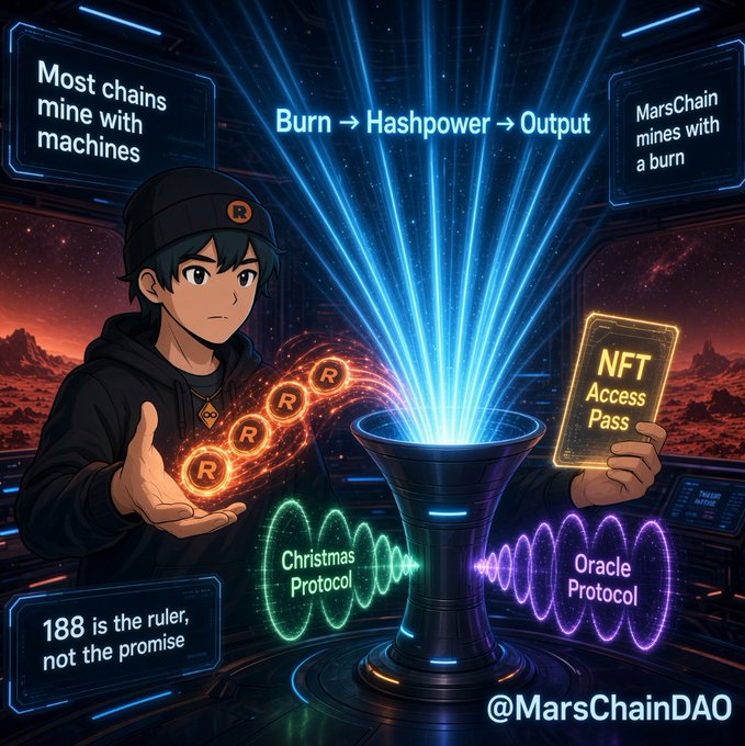 An anime-style promotional image for '@MarsChainDAO' shows a young man in a beanie holding glowing 'R' tokens and an 'NFT Access Pass,' with text reading 'Burn → Hashpower → Output,' 'Christmas Protocol,' and 'Oracle Protocol.'