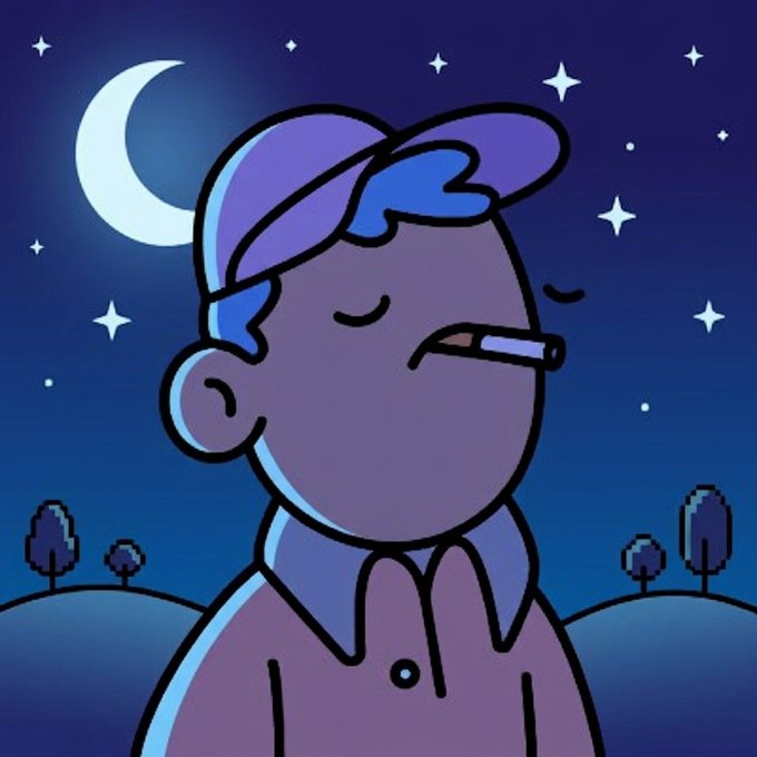 A cartoon illustration of a person wearing a purple cap and shirt, smoking a cigarette with their eyes closed, set against a night sky background with a crescent moon and stars.