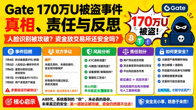 A colorful Chinese infographic about the 'Gate 170万U被盗事件' (Gate 1.7M U theft incident), discussing truth, responsibility, and reflection regarding facial recognition security breach, with sections on event timeline, disputes, risk analysis, and security recommendations.