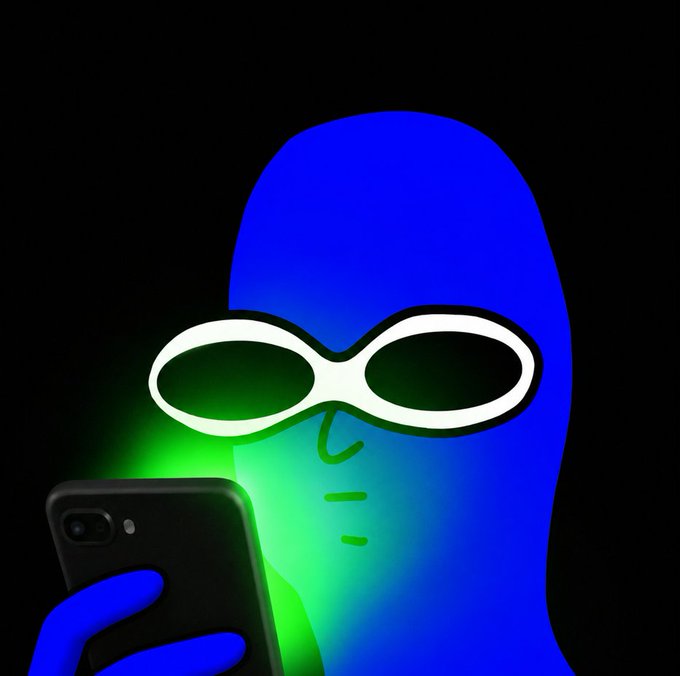 A stylized illustration of a blue figure wearing white-rimmed sunglasses, illuminated by the green glow of a smartphone screen in a dark setting.