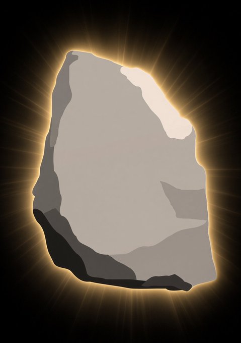 A digital illustration of a glowing gray stone or crystal against a black background, radiating golden light rays.