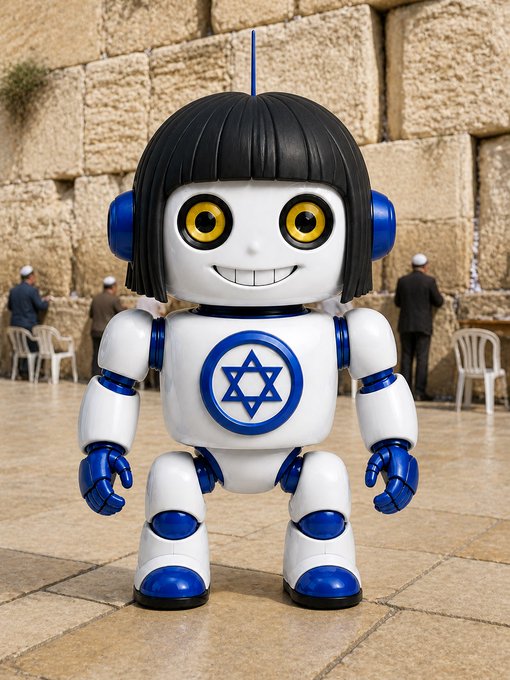 A small humanoid robot with a Star of David on its chest stands before a large stone wall, appearing to be at the Western Wall in Jerusalem.
