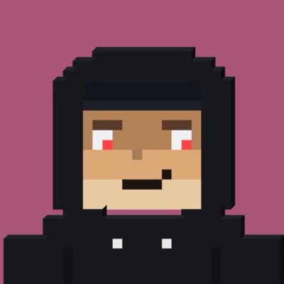 A pixel art portrait of a character with black hair, a beard, and red-tinged eyes against a solid pink background.