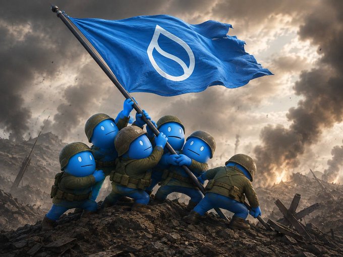 A digitally created image in the style of the Iwo Jima flag-raising, featuring blue cartoon-like figures in military gear lifting a blue flag with a white leaf or shield logo against a war-torn, smoky background.