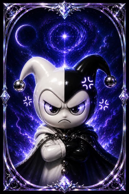 A stylized jester figure with black and white coloring stands with crossed arms against a purple cosmic background filled with stars and lightning.