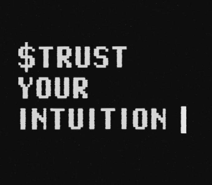 Pixelated text on a black background reading '$TRUST YOUR INTUITION I'.