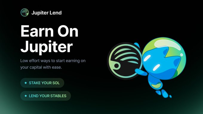 Promotional graphic for Jupiter Lend featuring the "Earn On Jupiter" headline alongside the Jupiter and Lend logos, with buttons highlighting "Stake Your SOL" and "Lend Your Stables"—the two low-effort earning strategies referenced in the post offering ~5.5% APY on SOL staking and up to 5.6% APY on stablecoin lending.
