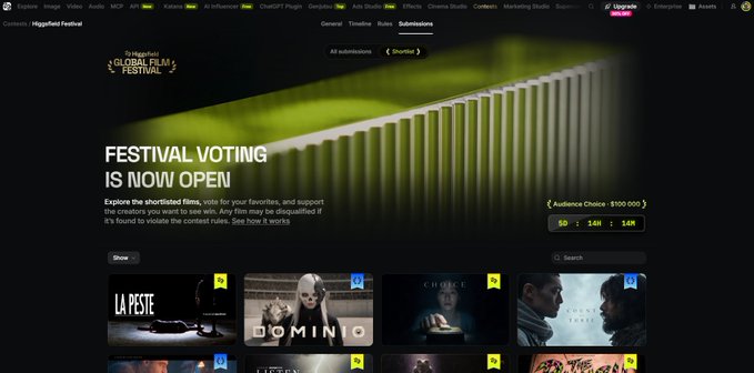The homepage of the 'Haggafied Festival' website announcing that voting for the festival is now open, featuring short film thumbnails like 'LA PESTE' and 'DOMINIO'.