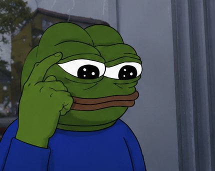 A cartoon image of the Pepe the Frog meme with a sad expression, touching his temple with his index finger.