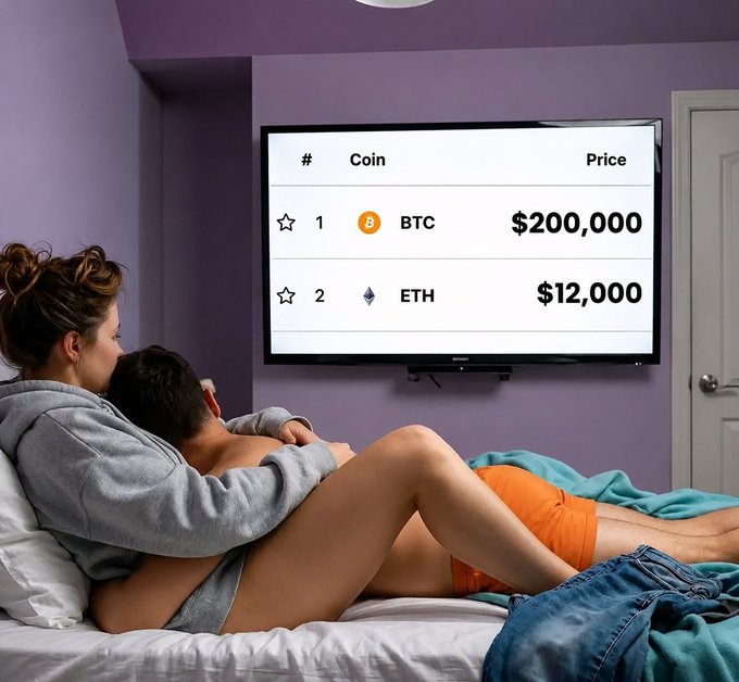 A couple lies on a bed watching a TV displaying a crypto price list showing BTC at $200,000 and ETH at $12,000.