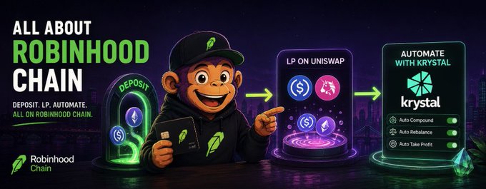 A cheerful monkey character wearing a Robinhood Chain cap presents a three-step workflow showing "DEPOSIT," "LP ON UNISWAP," and "AUTOMATE WITH KRYSTAL" (featuring Auto Compound, Auto Rebalance, and Auto Take Profit), illustrating the curated guide covering bridging, manual LP, and AI-powered LP automation on Robinhood Chain.