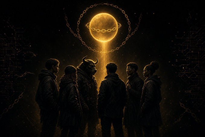 A dark, atmospheric digital artwork shows a group of six people, including one wearing a horned mask, standing in a circle looking up at a glowing yellow orb suspended by chains.