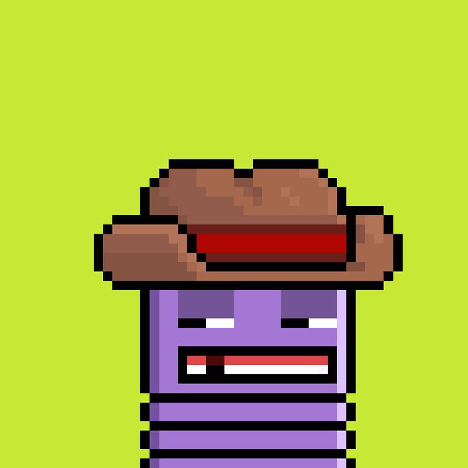 A pixel art character with a purple body and brown cowboy hat is displayed against a yellow-green background, visually representing the "Pixel Gooies" NFT collection mentioned in the post. The retro 8-bit style imagery aligns with the project's pixelated theme and its free mint promotion with a 5,555 supply.