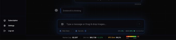 A dark-themed AI interface showing 'EmblemAI is thinking' with a message input box, Web3 wallet connection showing 'Connected', and market data including 'Market Cap: $2.25T' and 'BTC Dom: 56.2%'.
