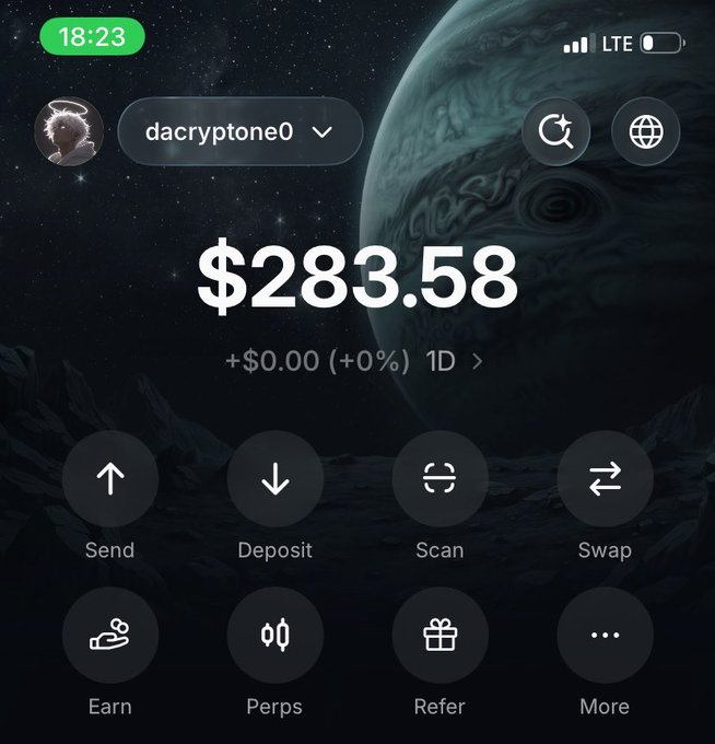 A crypto wallet mobile app screenshot displaying a balance of $283.58 for account dacyrptone0, with action buttons for Send, Deposit, Scan, Swap, Earn, Perps, Refer, and More.