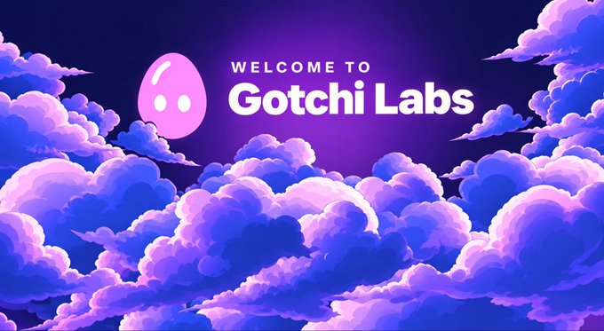 A stylized banner reading "WELCOME TO Gotchi Labs" set against a purple sky with fluffy clouds and a pink character logo on the left.
