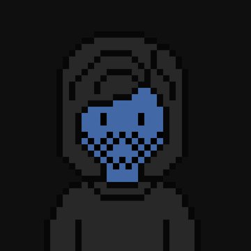 A pixel art hooded figure wearing a blue mask with a checkered pattern, fitting the post's theme of anonymously tagging Vlad Tenev to revive NFTs.