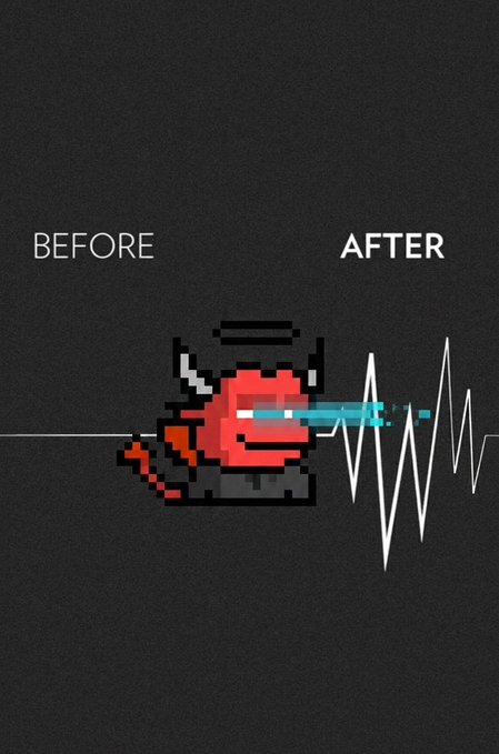 A before/after pixel art comparison showing a red demon-like character transformed to look 'chadified' with a flatline turned into a heartbeat wave.