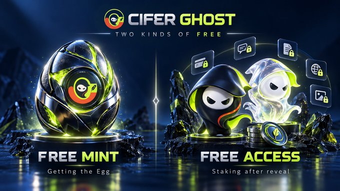 Promotional graphic for Cifer Ghost featuring a glowing egg and a hooded ghost character, highlighting "FREE MINT - Getting the Egg" and "FREE ACCESS - Staking after reveal" under the tagline "TWO KINDS OF FREE." The image illustrates the post's caution about distinguishing between the free-mint egg eligibility and the separate free-access perk obtained through staking a Fantom NFT.