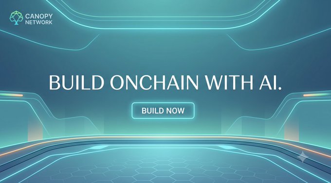 A futuristic tech-themed banner for 'Canopy Network' featuring neon blue circuit lines and the text 'BUILD ONCHAIN WITH AI.' above a 'BUILD NOW' button.
