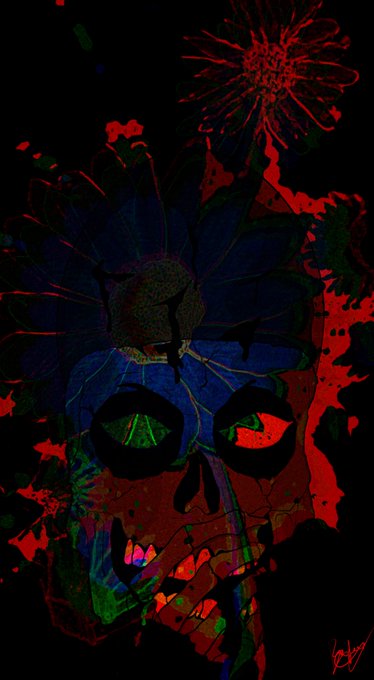 A dark, stylized artwork features a fragmented skull with blue petals and glowing red eyes and teeth, surrounded by red splatters and fireworks.