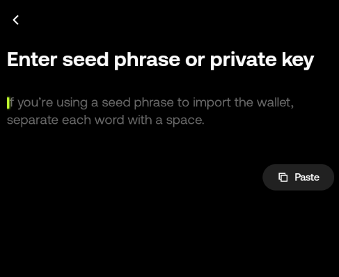 A screenshot showing a cryptocurrency wallet interface prompting to "Enter seed phrase or private key" with instructions about separating words with spaces and a Paste button.