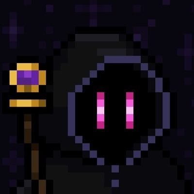 A pixel art image of a hooded character with glowing pink eyes holding a staff topped with a purple and gold orb.