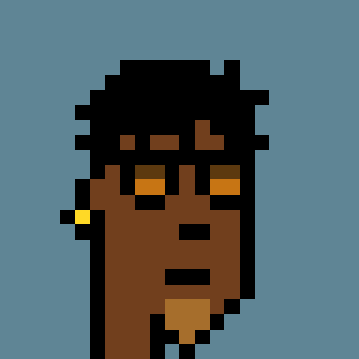 A pixelated portrait of a person with dark skin, black hair, and a gold earring against a blue background, representing CryptoPunk #9142, which was purchased for 33 ETH.