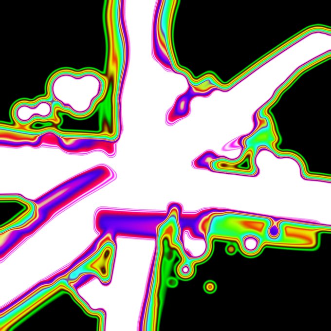 An abstract digital image displays a liquid-like pattern with vibrant rainbow outlines against a black background.