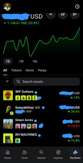 A mobile portfolio app displays a green upward price chart with a value of 1,148.67 USD (+23.8%), followed by an asset list showing WIF Outlaws, RobinWifHat WIF, Green Acres, and RH MACHINES with various gains and one loss.
